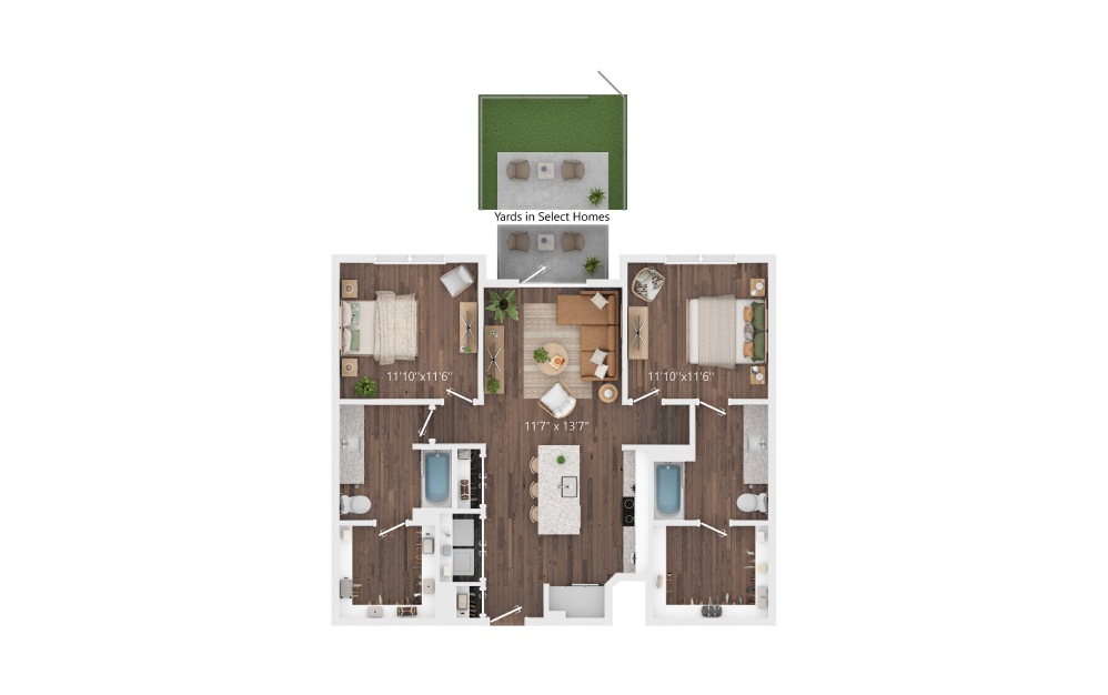 B1 - 2 bedroom floorplan layout with 2 bathrooms and 1105 square feet