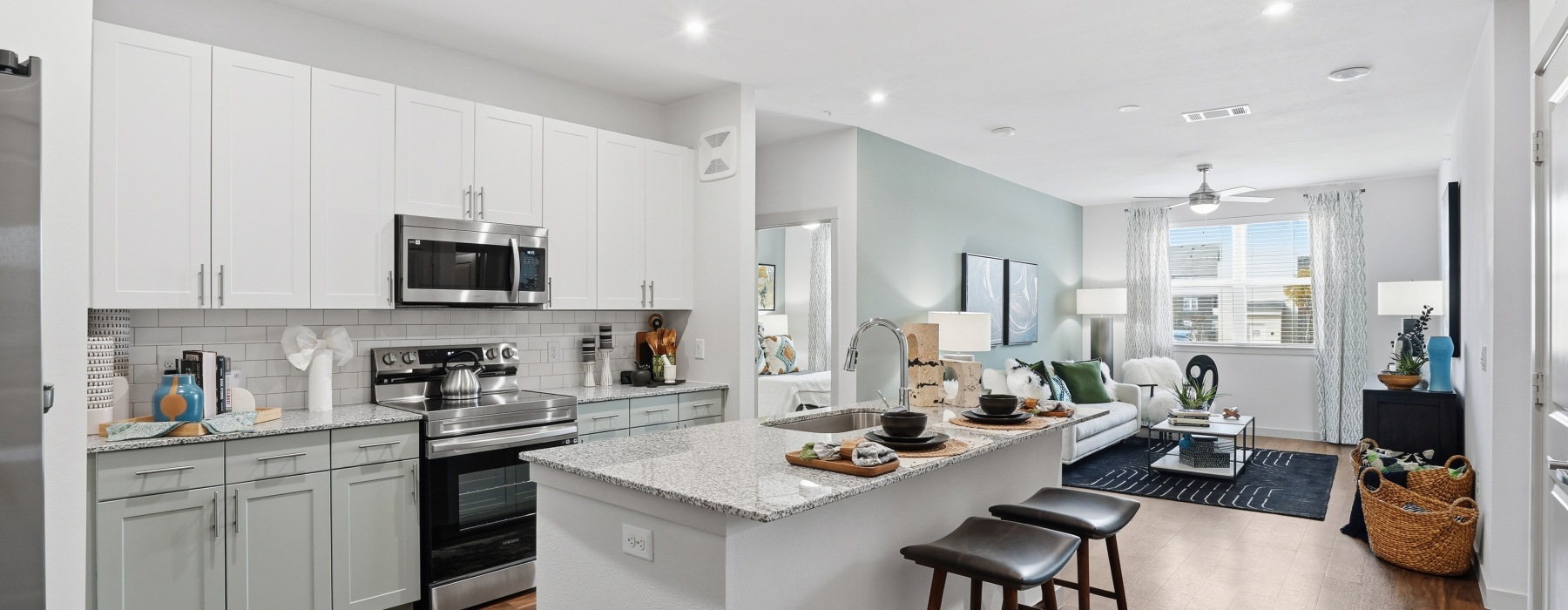 kitchen island looking into living room from kitchen